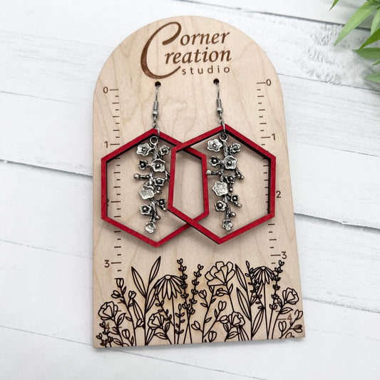 Octagon with Metal Flowers Earrings