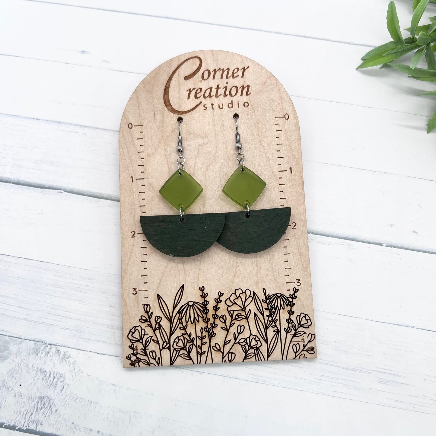 Green Wood & Acrylic Earrings